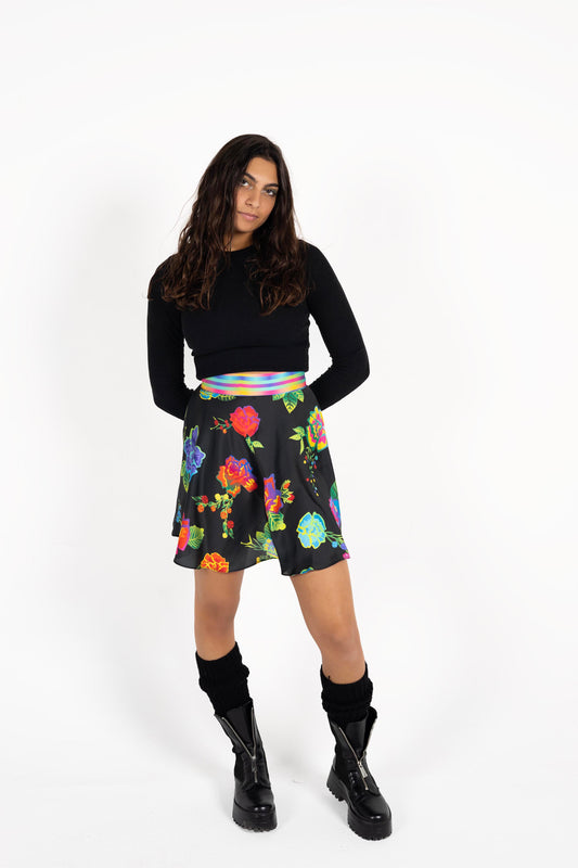 Black floral mini skirt