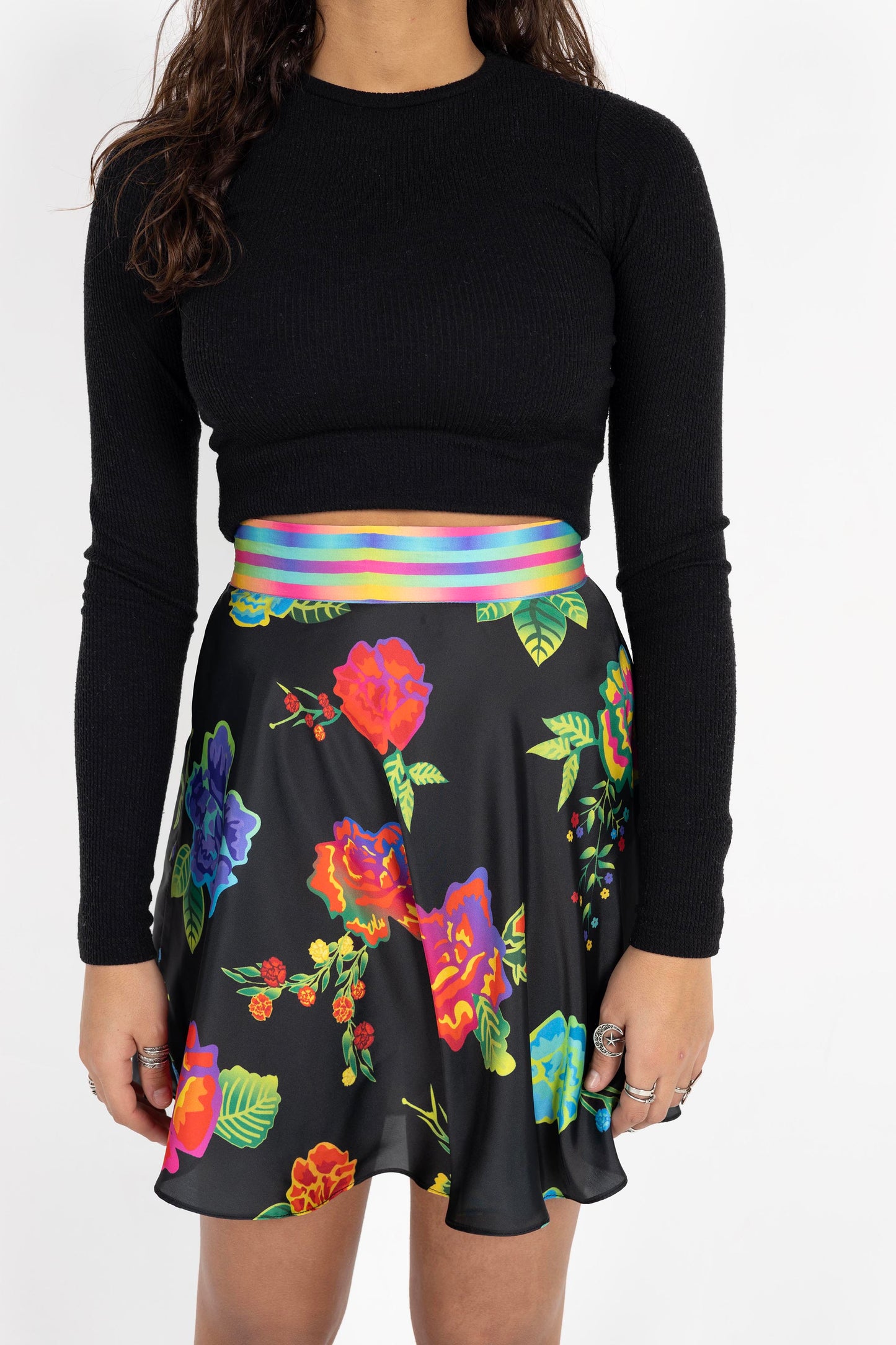 Black floral mini skirt