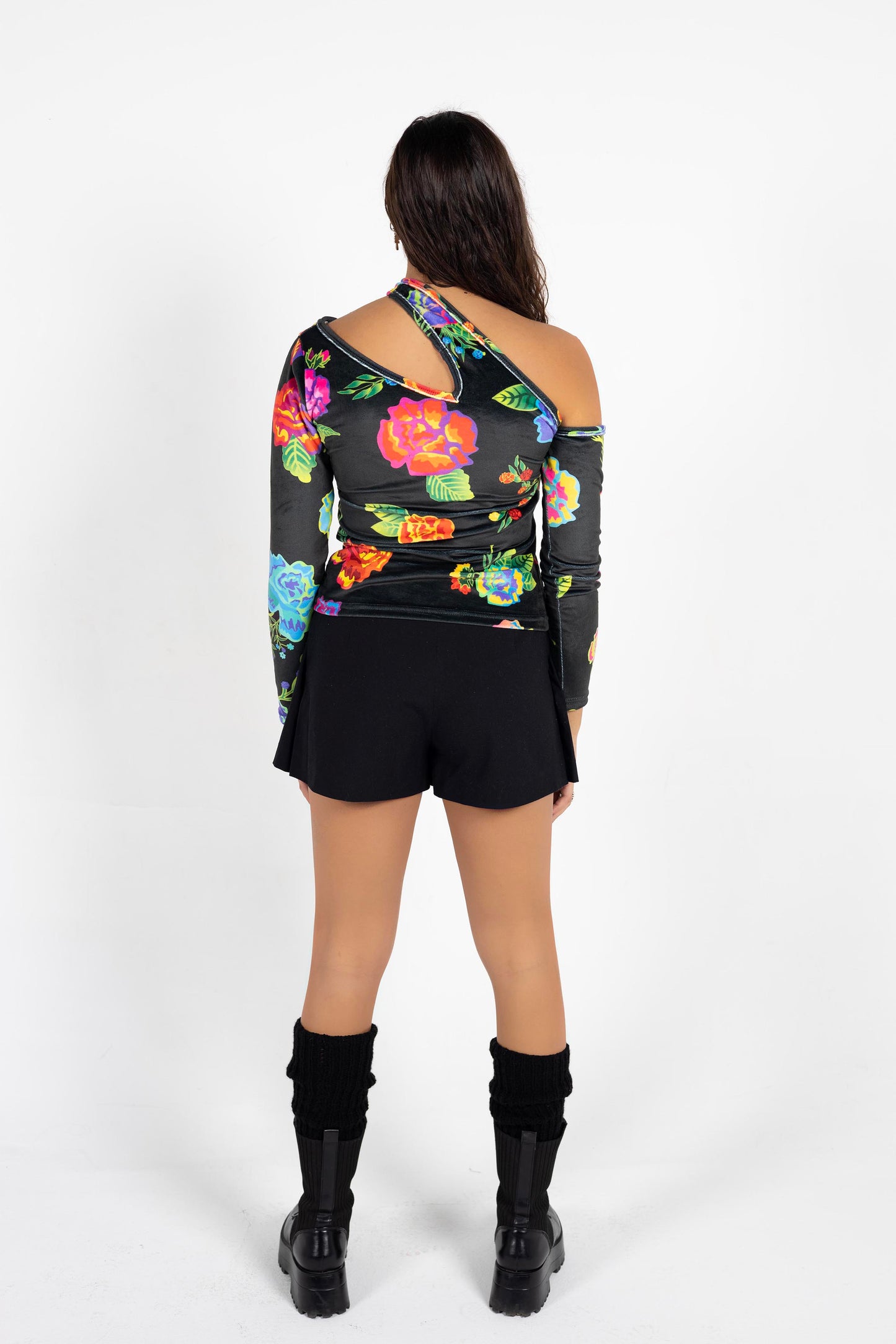 One shoulder cut-out Black floral top