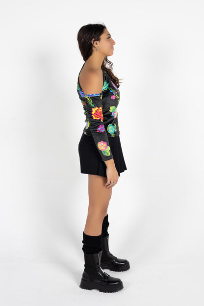 One shoulder cut-out Black floral top